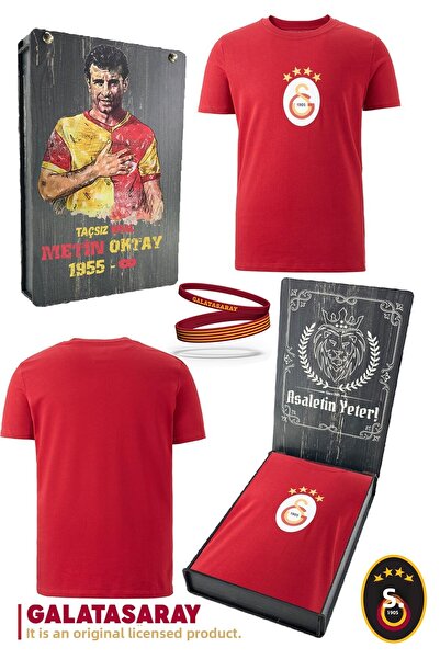 Galatasaray Licensed Original Emblem T-shirt and Bracelet Set - Gift Wooden Box