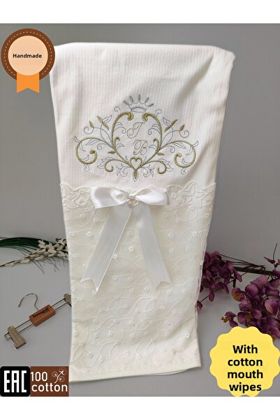 Tomuycuk Newborn Ecru Baby Blanket - 100% Cotton, Lacy Embroidery, Natural Organic Sleeping Blanket