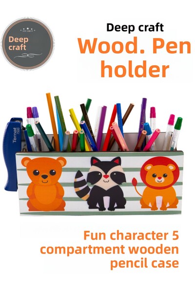 Deep Craft Deepcraft Wooden Kids Tabletop Square Pen Holder & Organizer-Safari