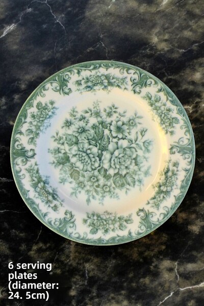 Pinkev Vintage Green Porcelain Serving Plate for 6 People - Diameter: 24.5cm