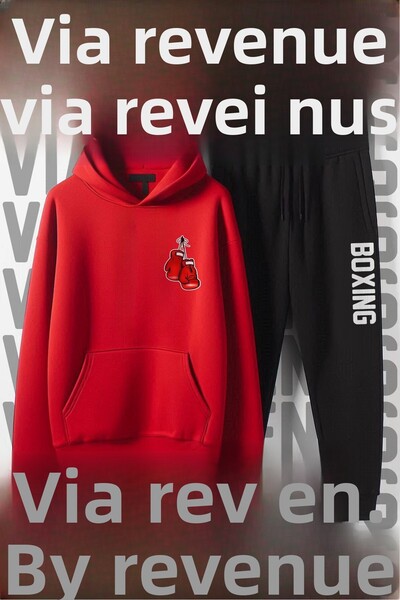 Vordevia Set de trening cu glugă, unisex, cu imprimeu de box