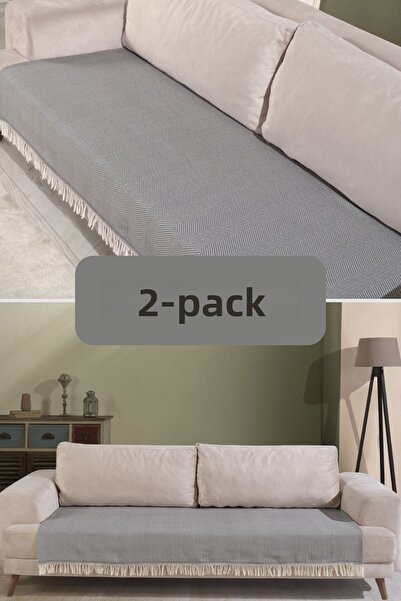 Miracolo Home Set de 2 huse de canapea din bumbac gri - 115x200, model cu dungi cu franjuri