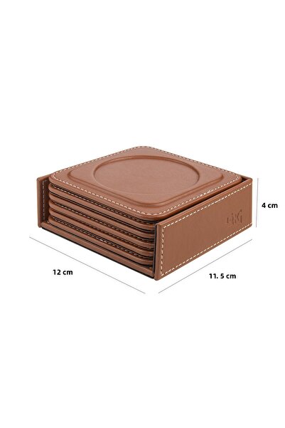 2K Coasters, Set of 6, Desktop Round Cup Coaster, Vegan Faux Leather, 11X11 Cm., Tan