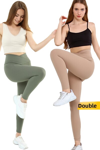 VOSSAX Double Leggings Ribbed High Waist Recovery Sports Leggings with Cross Waist Detail Beige+khaki