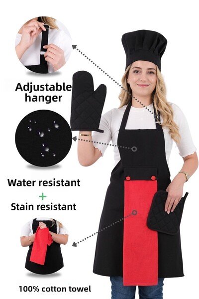 sevilya طقم مريلة مطبخ مكون من 5 قطع مع شماعة قابلة للتعديل (مريلة منشفة مع شماعة قابلة للتعديل، قبعة، قفازات، مقبض)