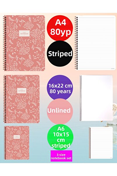 SEYFİKİRTASİYE Set de caiete cu flori pastel de 80 de coli - Copertă de carton de dimensiuni A4, 16X22, A6, 3 caiete cu inele