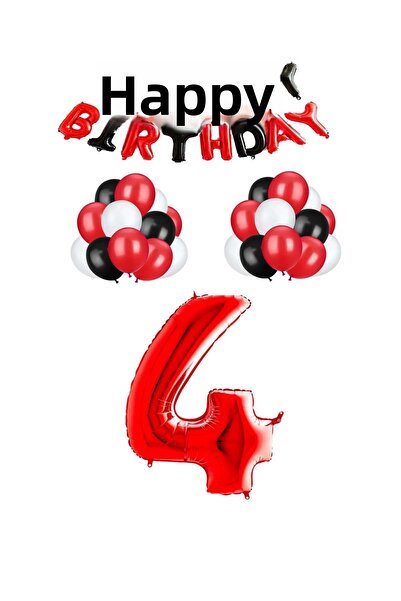 BEST PARTİ DOĞUM GÜNÜ PARTİ SÜSLERİ مجموعة بالونات باللون الأسود والأحمر Happy Birthday ذات الرقم الأحمر واللاتكس لعمر 4 سنوات