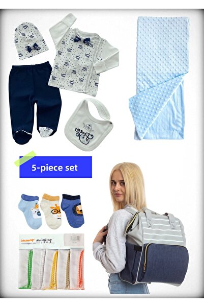 Avşar Baby 5-Piece Birth Set (Mother Baby Bag, Hospital Release Blanket, 10-Piece Wipes and 3-Piece Socks)