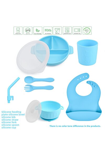 jojobebek مجموعة التغذية السيليكونية، صحن ووعاء التغذية السيليكون الفراغي، شوكة وملعقة سيليكون، كوب / أزرق