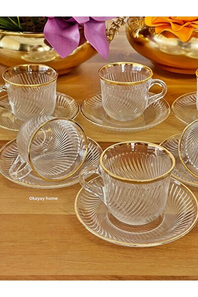 OKYAY HOME Pasşabahçe 12 Piece Marmara Cup Set - 6-Person Gifted Gift Dowry Box Luxury