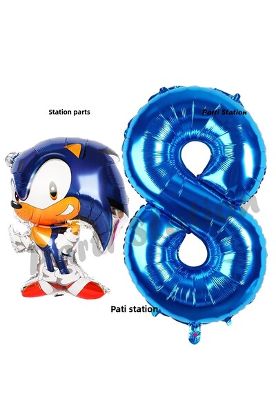 Parti Station مجموعة عيد ميلاد لعمر 8 سنوات - بالون فوكس سونيك وبالون مفهوم الأرقام باللون الأزرق الداكن