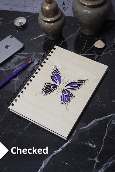 markcat Butterfly Themed Notebook with Wooden Cover - Checked Agenda and School Notebook (A5 - 120 Pages)