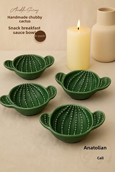 Anadolu Saray 4-Piece Chubby Cactus Design Handmade Ceramic Serving Presentation Bowl Sauce Bowl Jam Bowl Catering Bowl