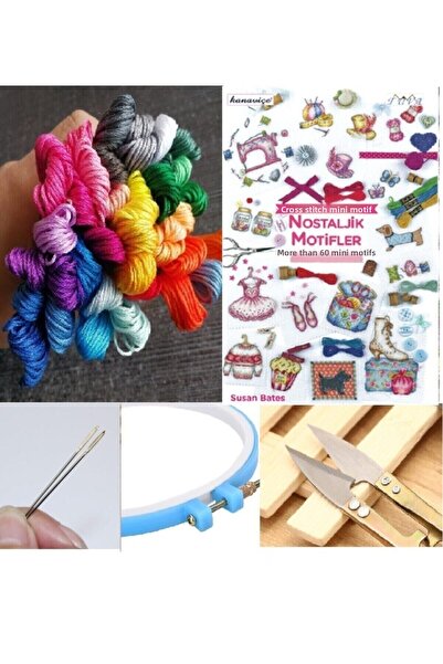 ALMİŞ Nostaliji Cross Stitch Set 25 Rope+canoe Stitch Book+thread Cutting Apparatus+6 Needles +19 Cm Pulley+fabric