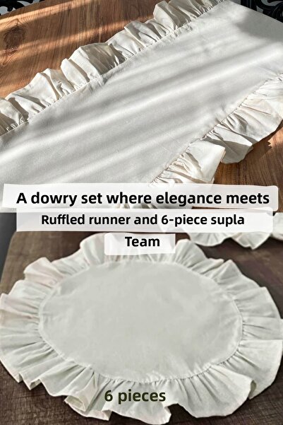 KAMİZ Frilly Linen Runner & 6-Piece Frilly Supla Set - 7 Piece Dowry Set