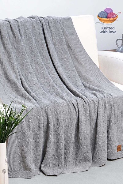 DALİSA Cups Labyrinth Pattern Knitwear Knitted Sofa Shawl Gray - 130x170