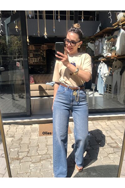 Gözde Tasarım Butik بنطلون جينز نسائي أزرق اللون عالي الخصر وأكمام طويلة من ا...