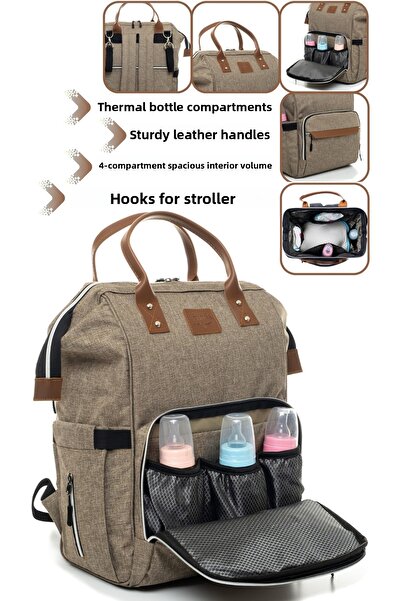 Sahra حقيبة ظهر كلاسيكية للعناية بالطفل مقاومة للبقع ومقاومة للماء باللون البيج مع حجرة حرارية
