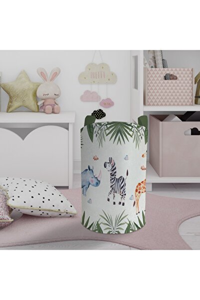 BAMBAŞKA MODA سلة ألعاب منقوشة بأوراق حيوانات سفاري لغرفة الأطفال والرضع