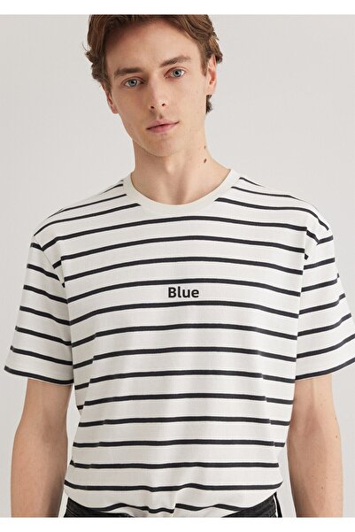 Mavi Tricou alb cu dungi cu sigla imprimat 0612420 -86678