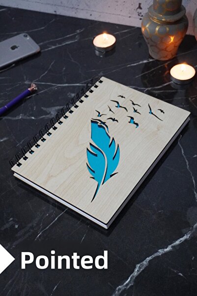 markcat دفتر ملاحظات منقط بغطاء خشبي على شكل ريش الطيور - جدول الأعمال والمدر...