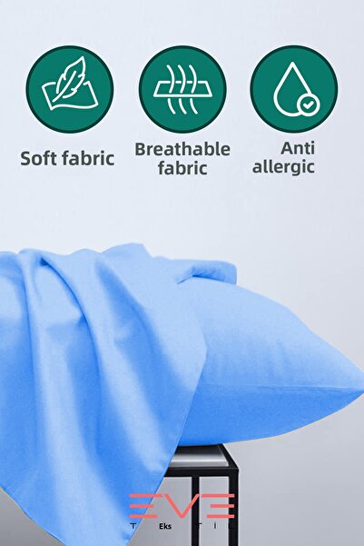 Eve Tekstil 2Pcs Ranforce Plain Cotton Antibacterial Washable Luxury Pillowcases 50X70Cm