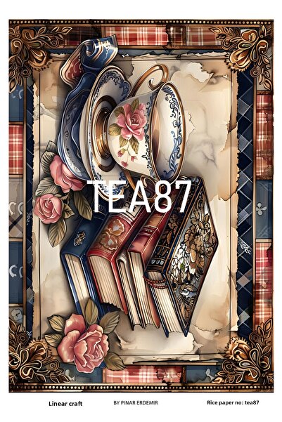 LİNEART Tea, Cup,,Books, Flowers Pattern Tea Series Brass Decopage Paper 29X4...