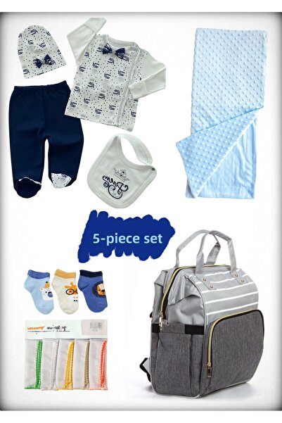 Avşar Baby 5-Piece Birth Set (Mother Baby Bag, Hospital Release Blanket, 10-Piece Wipes and 3-Piece Socks)