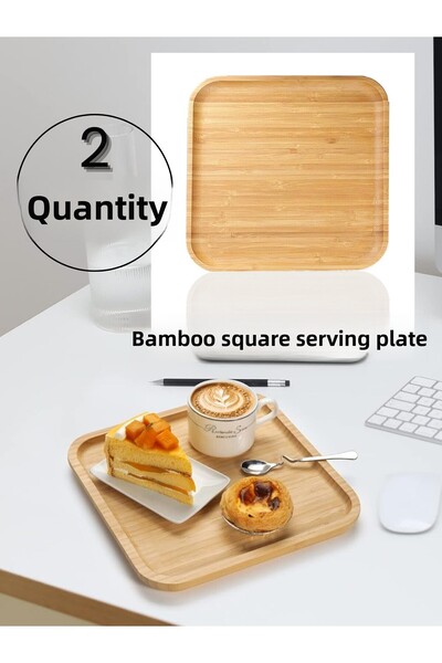 ERKUGO Bamboo Square Serving Plate - 2 Pieces, Serving Set (20x20 Cm)