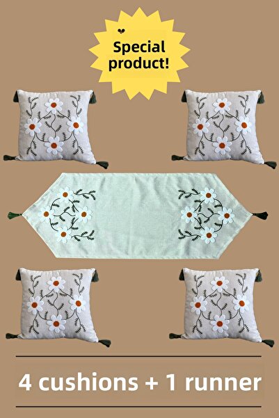 e-Bizz Store Set de eleganță din 5 piese cu broderie Punch – 4 perne și 1 run...