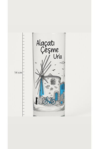 Çeşme Home Alaçatı Çeşme Urla Patterned Glass Cup 13-14 cm Glass Soft Drink Cup Color Printed