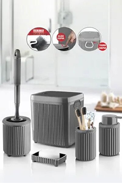 SİHİRLİ AYAKLAR 5 Pieces Bathroom Set Dustbin Wc Brush Liquid Soap Dispenser Toothbrush Holder Solid Soap Dispenser Gray or Brown