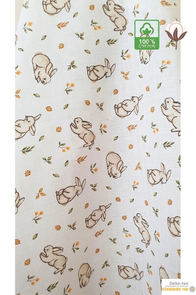 Bamoola 100% Cotton Rabbit Patterned 80x90 cm Multi-Purpose Muslin Blanket Baby / Child / Newborn Edge Embroidered