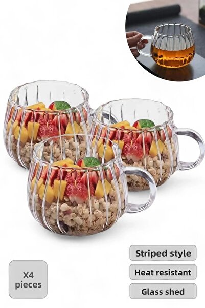 Berdina Home كوب زجاجي مخطط مقاوم للحرارة سعة 250 مل مكون من 4 قطع وكوب تقديم...