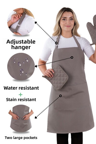 sevilya طقم مريلة مطبخ بسيط مكون من 3 قطع مع شماعة قابلة للتعديل (قفاز، مقبض)