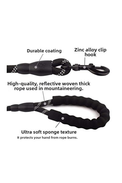 Dream Plus Black Reflective Walking Leash - 130 cm Rope for Medium and Large Dogs