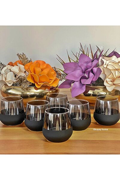 P&ORA PREMIUM KITCHEN PRODUCTS Lal 361 6-Piece Bottom Black Top Smoked Water Glass, Soft Drink Glass, Gift, Dowry Box, Luxury