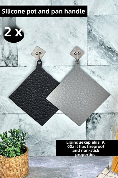 Comprox طقم مكون من قطعتين من حامل الوعاء والمقلاة سيليكون - طقم من قطعتين رمادي وأسود 16 × 16 سم