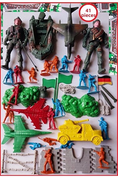 OYUNCAKSAHİLİ Soldier Strategy Play Set 41 Pieces 2 Pack Commando Airplane Canoe Fence Flag Tank Wall Toys