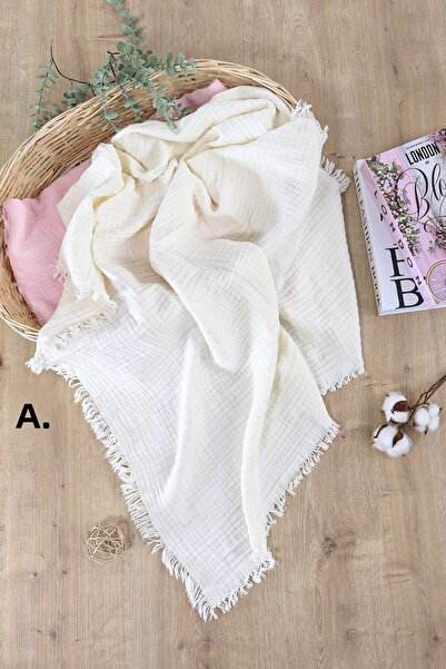 Sitilin Baby Girl Boy Cream 4 Layer Tasseled Muslin Swaddle Blanket 110 cm Stl6956