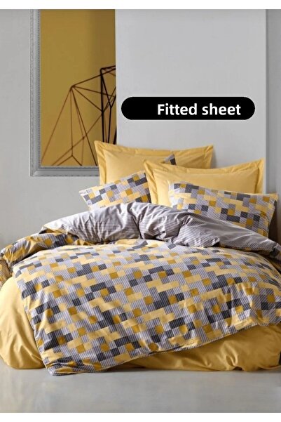 Cotton Box مجموعة كاملة من الملاءات المرنة المزدوجة البسيطة باللون الأصفر الإ...