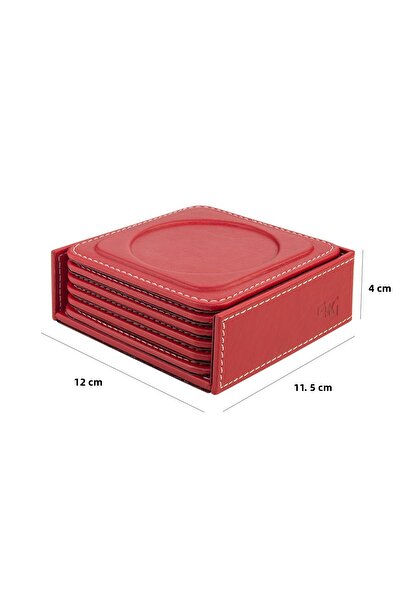 2K Coasters, Set of 6, Desktop Round Cup Coaster, Vegan Faux Leather, 11X11 Cm., Red
