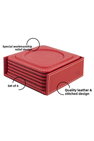 2K Coasters, Set of 6, Desktop Round Cup Coaster, Vegan Faux Leather, 11X11 Cm., Red