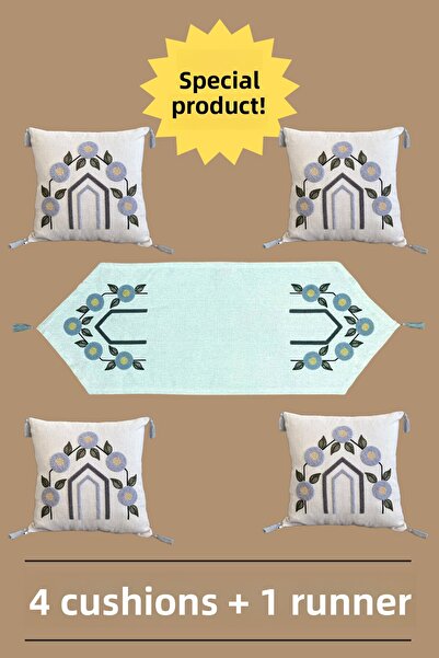 e-Bizz Store Set de eleganță din 5 piese cu broderie Punch – 4 perne și 1 runner |   Elegant și decorativ