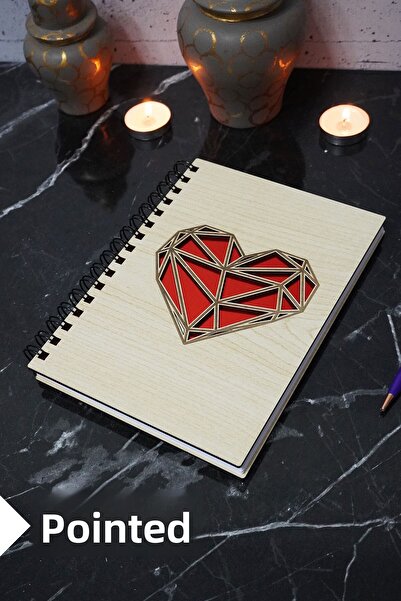 markcat Heart Themed Dotted Notebook with Wooden Cover - Agenda and School Notebook (A5 - 120 Pages)