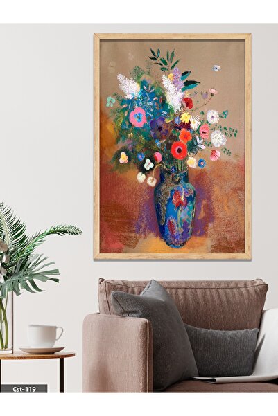 CeSht Vază albastră cu model de flori, pictură într-o singură bucată cu cadru din lemn