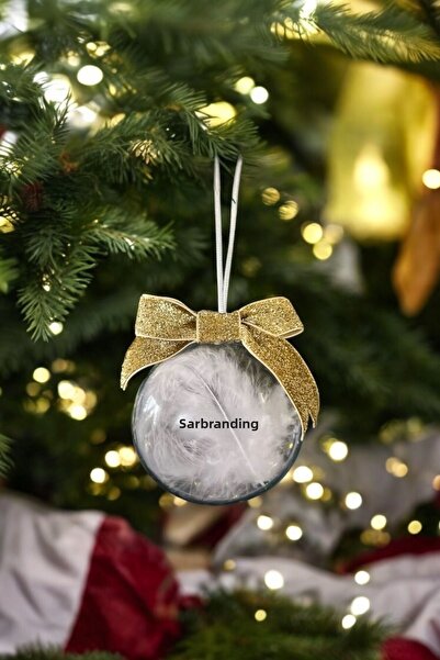 SavBrand Plexiglas special de Anul Nou - Ornament de lux din lemn de pin cu pene, glob și sclipici, panglică aurie 1 bucată