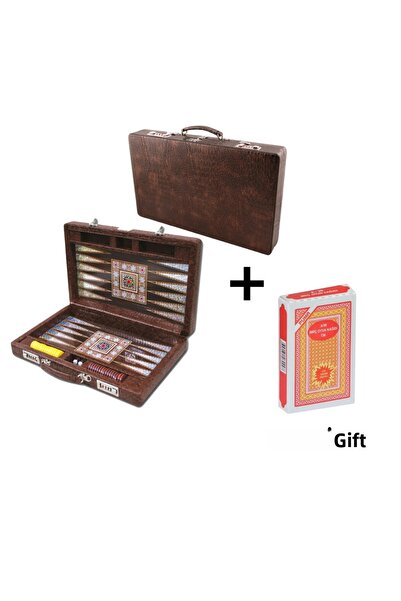 ELDİPA Elite Backgammon Set - with Leather Case, Lock, Brunette Stone, 3 Dices and Gift Playing Cards