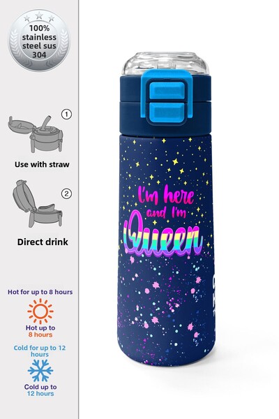 Coral High ترمس ستيل منقوش متعدد الألوان للأطفال باللون الأزرق الداكن مع شفاط...