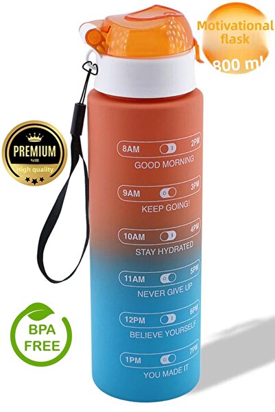 Badem10 Motivational Water Bottle 800 ml Bpa Free Children's Sports Water Bottle Leak-Proof Straw-Free Water Bottle Orange Blue